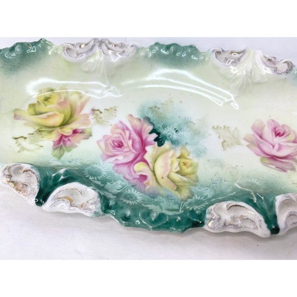 RS Prussia FLORAL 9.5” Dish GREEN ACCENT, Vintage - Picture 7 of 12